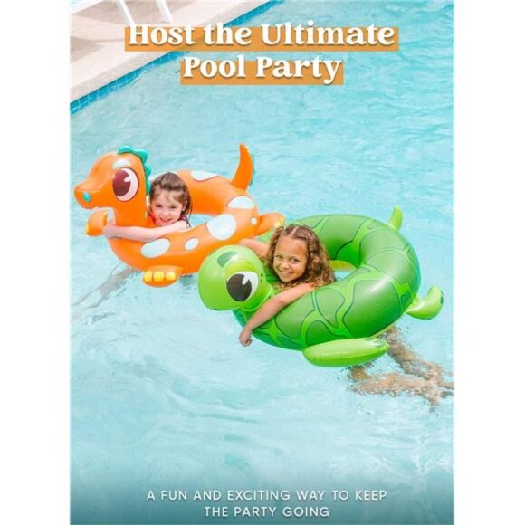 Kids 3-Pack Inflatable Pool Tubes Floats Dinosaur & Sea Turtle & Dolphin Pool - Picture 4 of 7